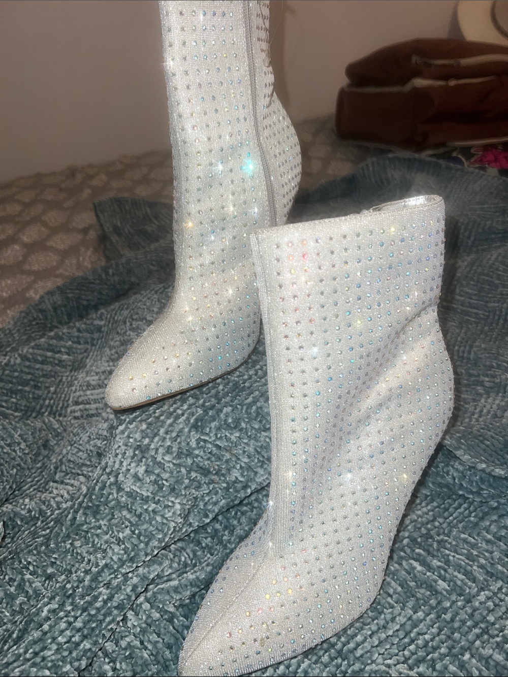 Anne Michelle White Iridescent Crystal studded Heel Boots